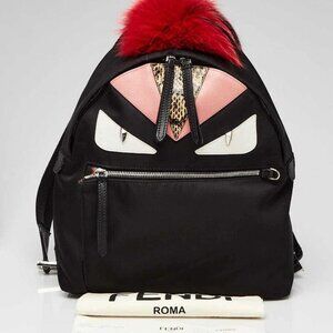 Fendi Black Nylon/Leather/Snakeskin Medium Monster Eyes Backpack Bag - 8BZ035